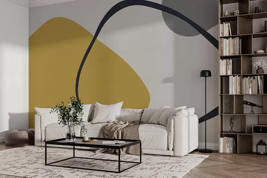 Valokuvatapetti Geometriset keltaiset ja harmaat muodot vaalealla taustalla w01687