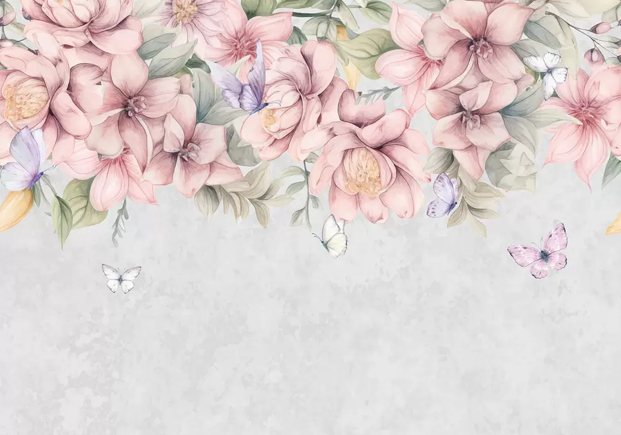 Valokuvatapetti Pehmeä vaaleanpunainen ja valkoinen florals herkkiä kukkia ja lehtiä kuvioitu harmaa tausta w08331