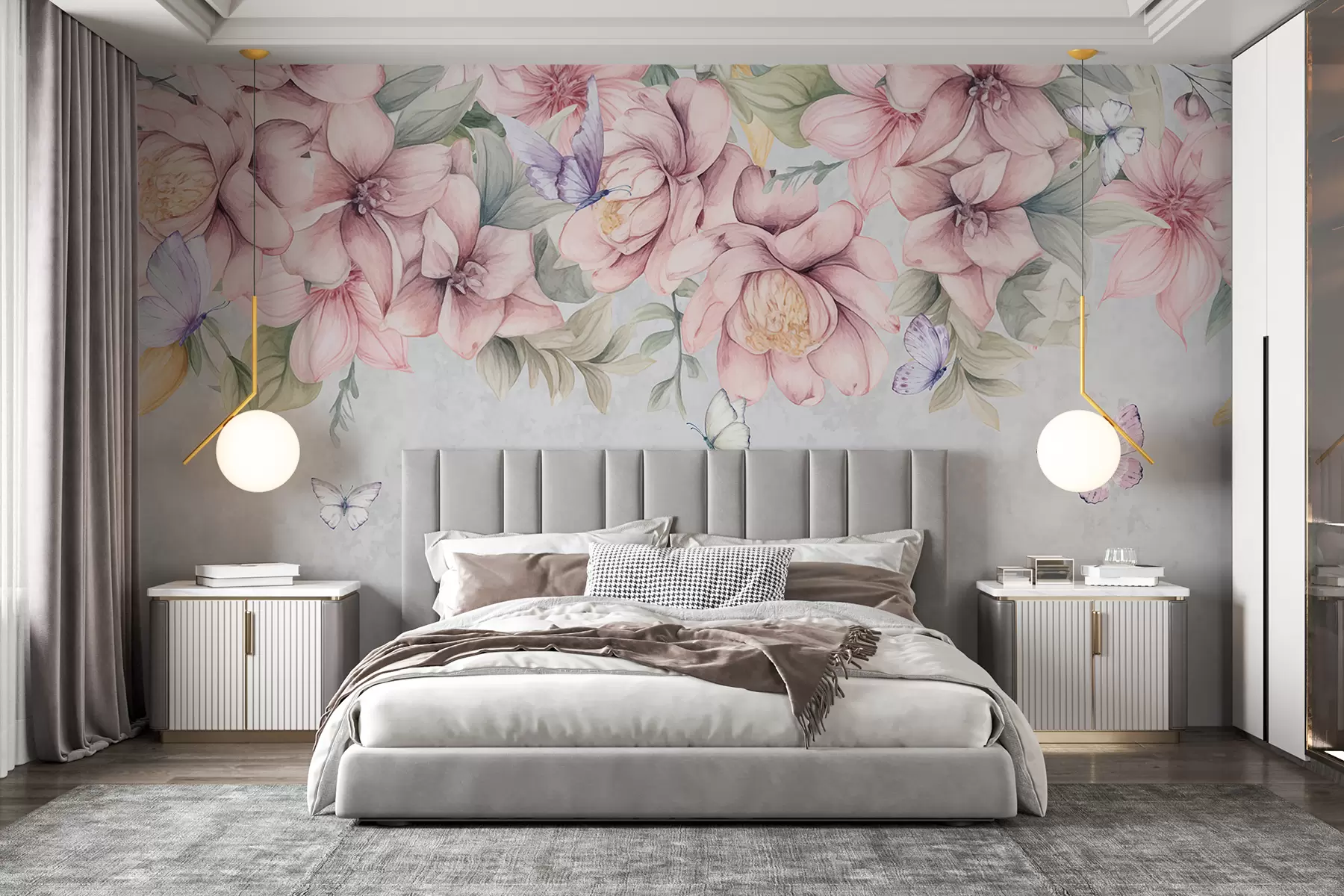 Valokuvatapetti Pehmeä vaaleanpunainen ja valkoinen florals herkkiä kukkia ja lehtiä kuvioitu harmaa tausta w08331