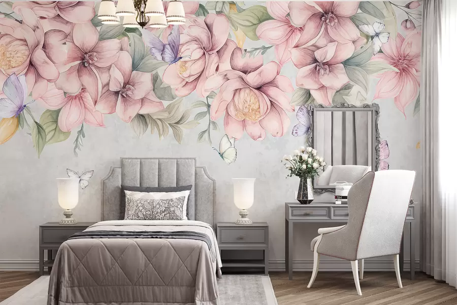 Valokuvatapetti Pehmeä vaaleanpunainen ja valkoinen florals herkkiä kukkia ja lehtiä kuvioitu harmaa tausta w08331