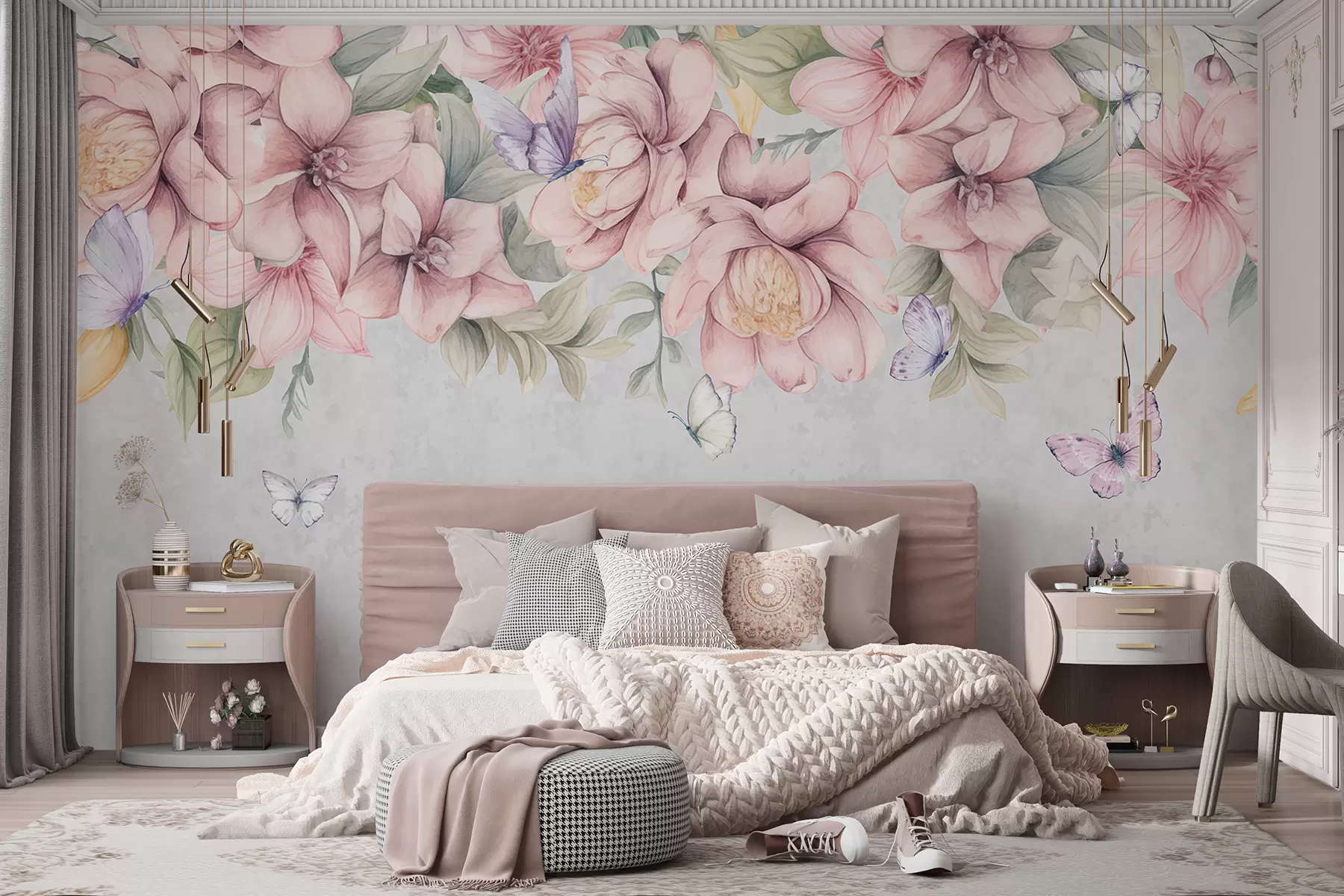 Valokuvatapetti Pehmeä vaaleanpunainen ja valkoinen florals herkkiä kukkia ja lehtiä kuvioitu harmaa tausta w08331