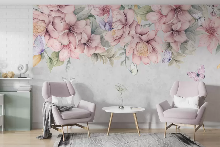 Valokuvatapetti Pehmeä vaaleanpunainen ja valkoinen florals herkkiä kukkia ja lehtiä kuvioitu harmaa tausta w08331
