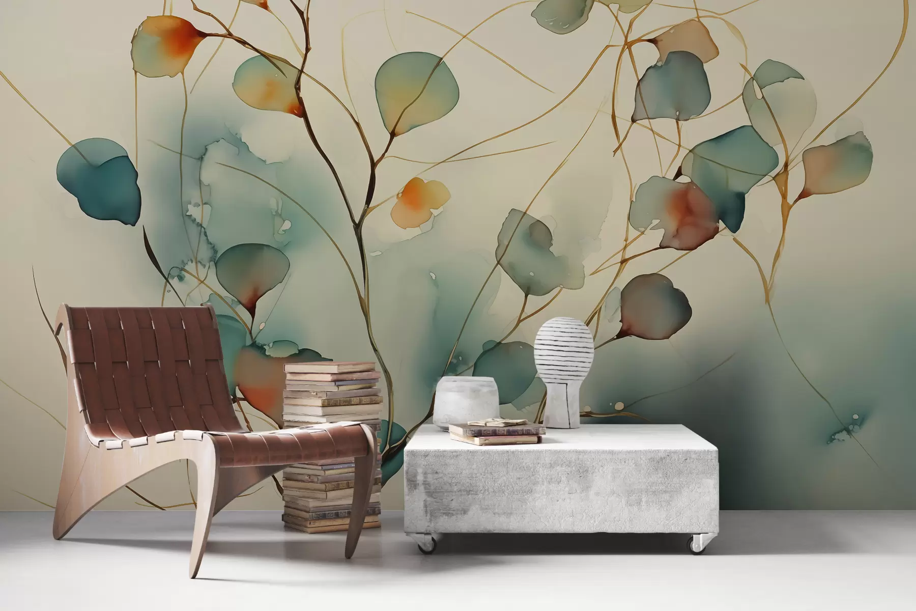 Valokuvatapetti Abstrakti oksat lehdet sumea märkä vesiväri w01779