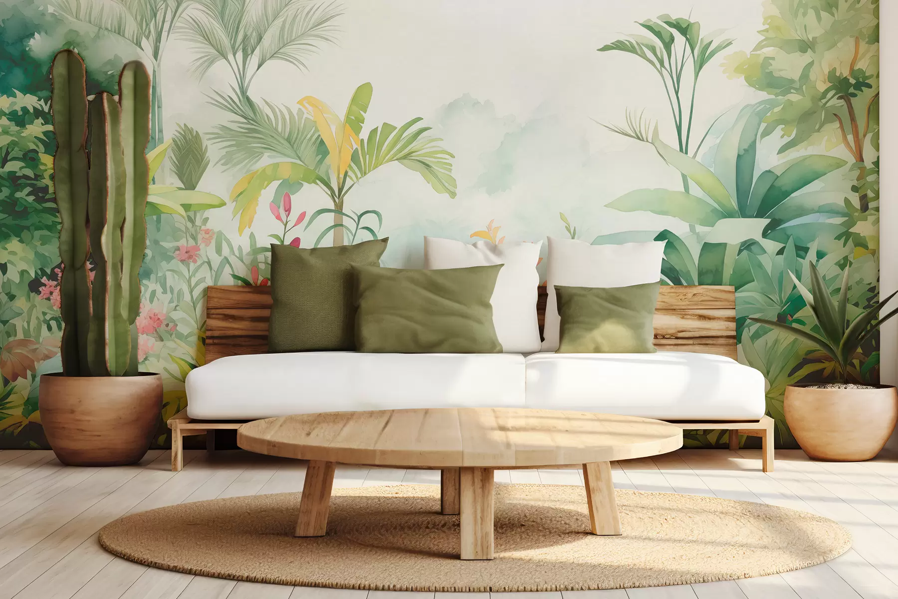 Valokuvatapetti Viidakkometsä, akvarelli, palmupuut, kukka, pehmeät värit w01785