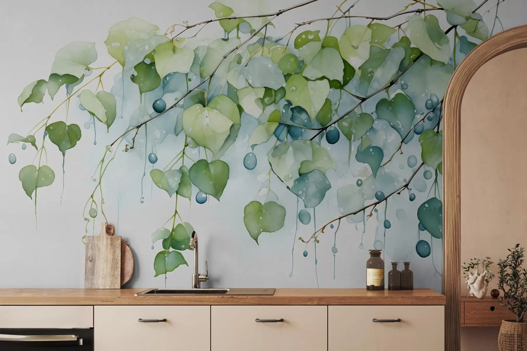 Valokuvatapetti Oksan lehdet märkä akvarelli w01870