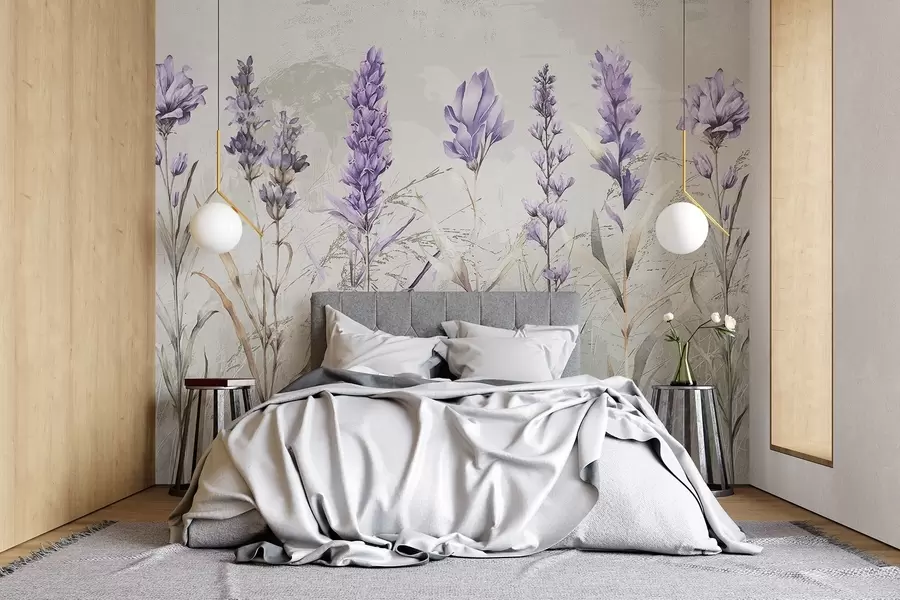 Valokuvatapetti Kenttä violetti akvarelli laventeli kukkia pehmeä, sumea teksturoitu beige tausta w08346