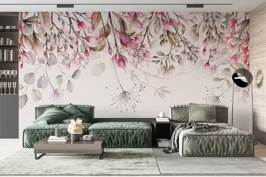 Valokuvatapetti Hienovarainen vaaleanpunainen ja valkoinen kukka oksat lehdet ja terälehdet, pastelli harmaa tausta w08347