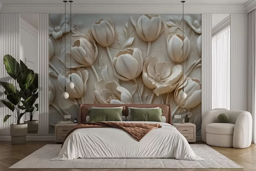 Valokuvatapetti 3D kukka taidetta siro tulppaanit beige väri w01851