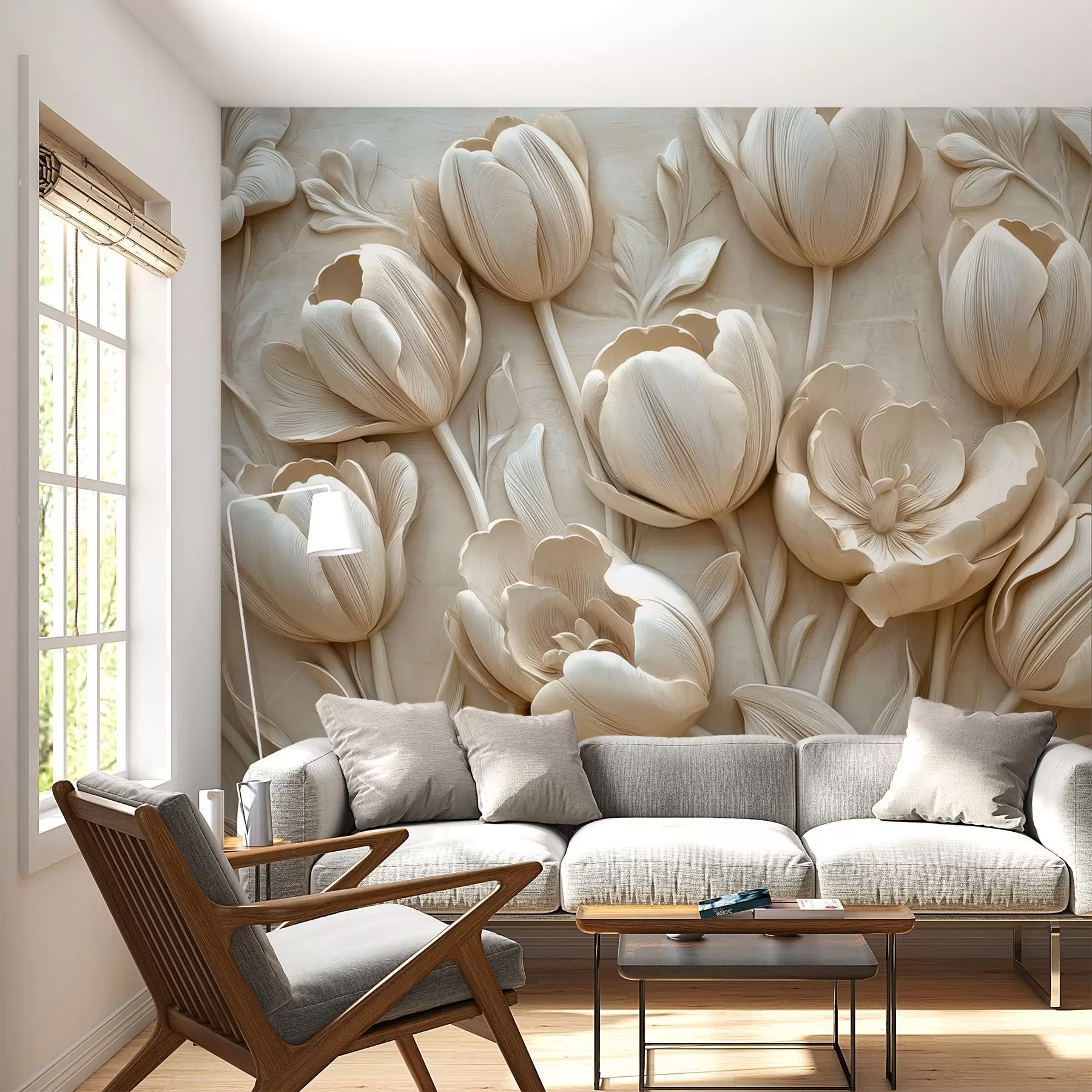 Valokuvatapetti 3D kukka taidetta siro tulppaanit beige väri w01851