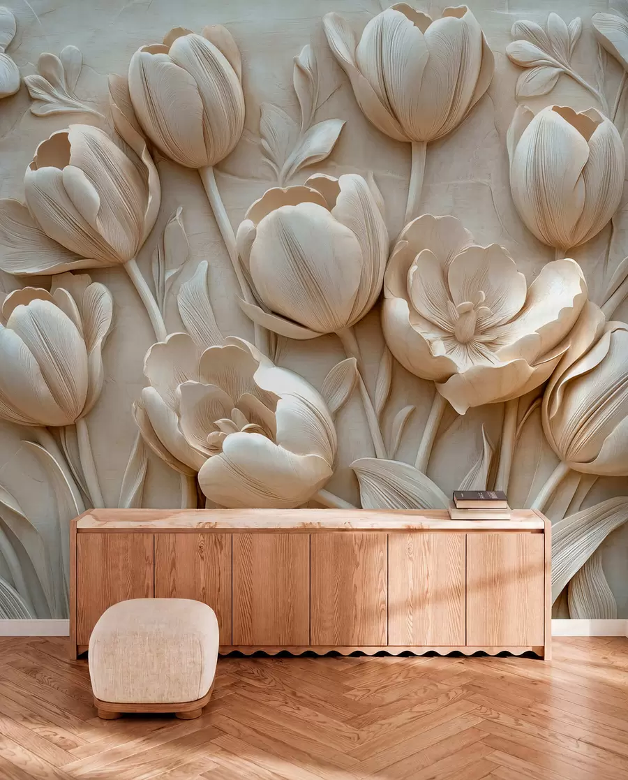 Valokuvatapetti 3D kukka taidetta siro tulppaanit beige väri w01851