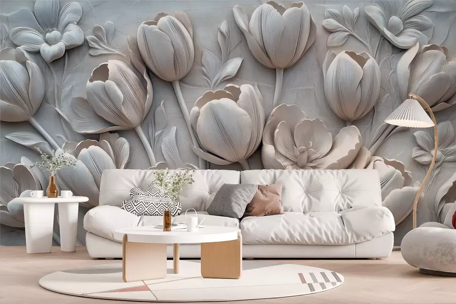 Valokuvatapetti 3D kukka taidetta siro tulppaanit harmaa väri w01851v1