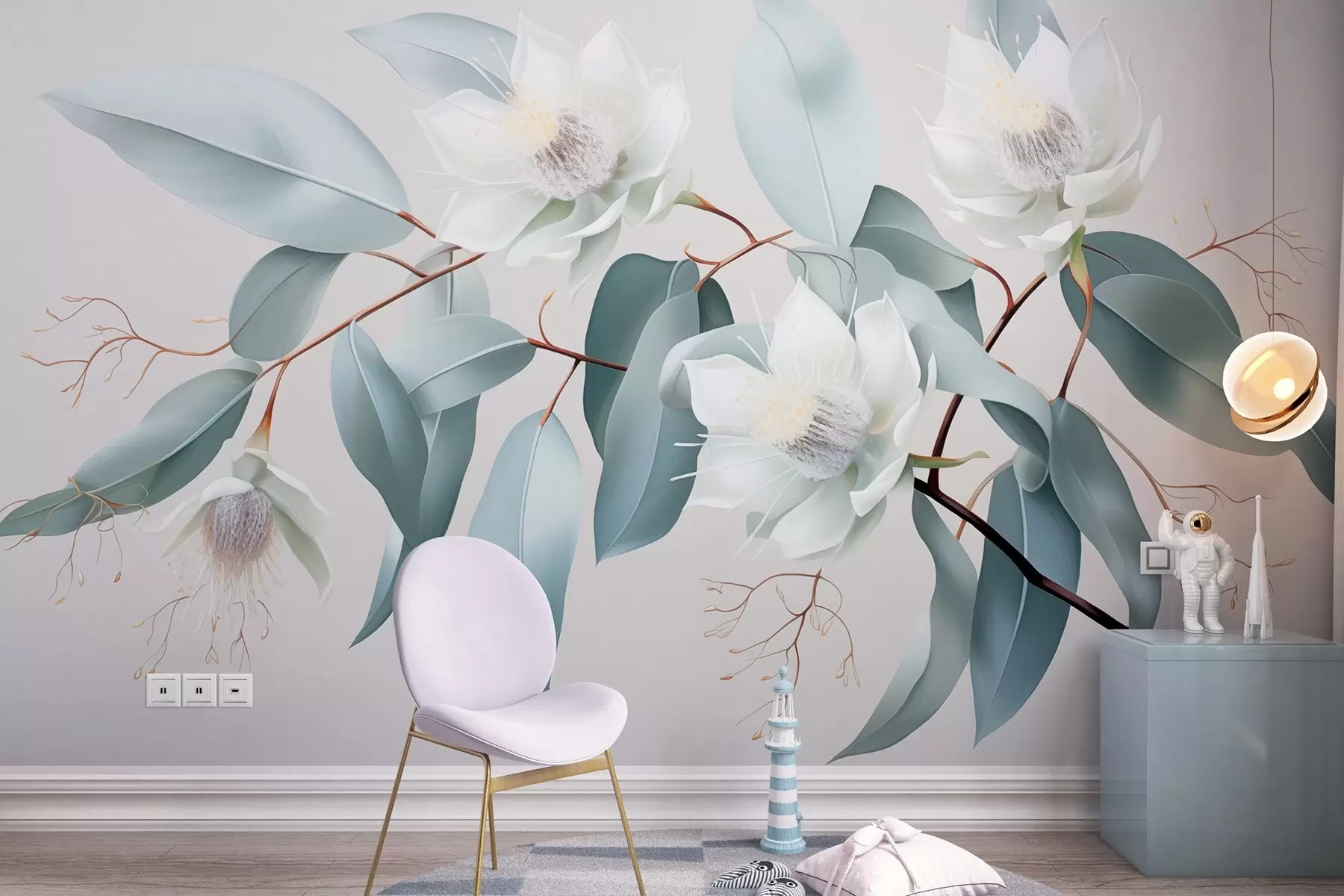 Valokuvatapetti Jasmiinin kukkia oksalla, akryyli, pehmeät harmaat värit w01885