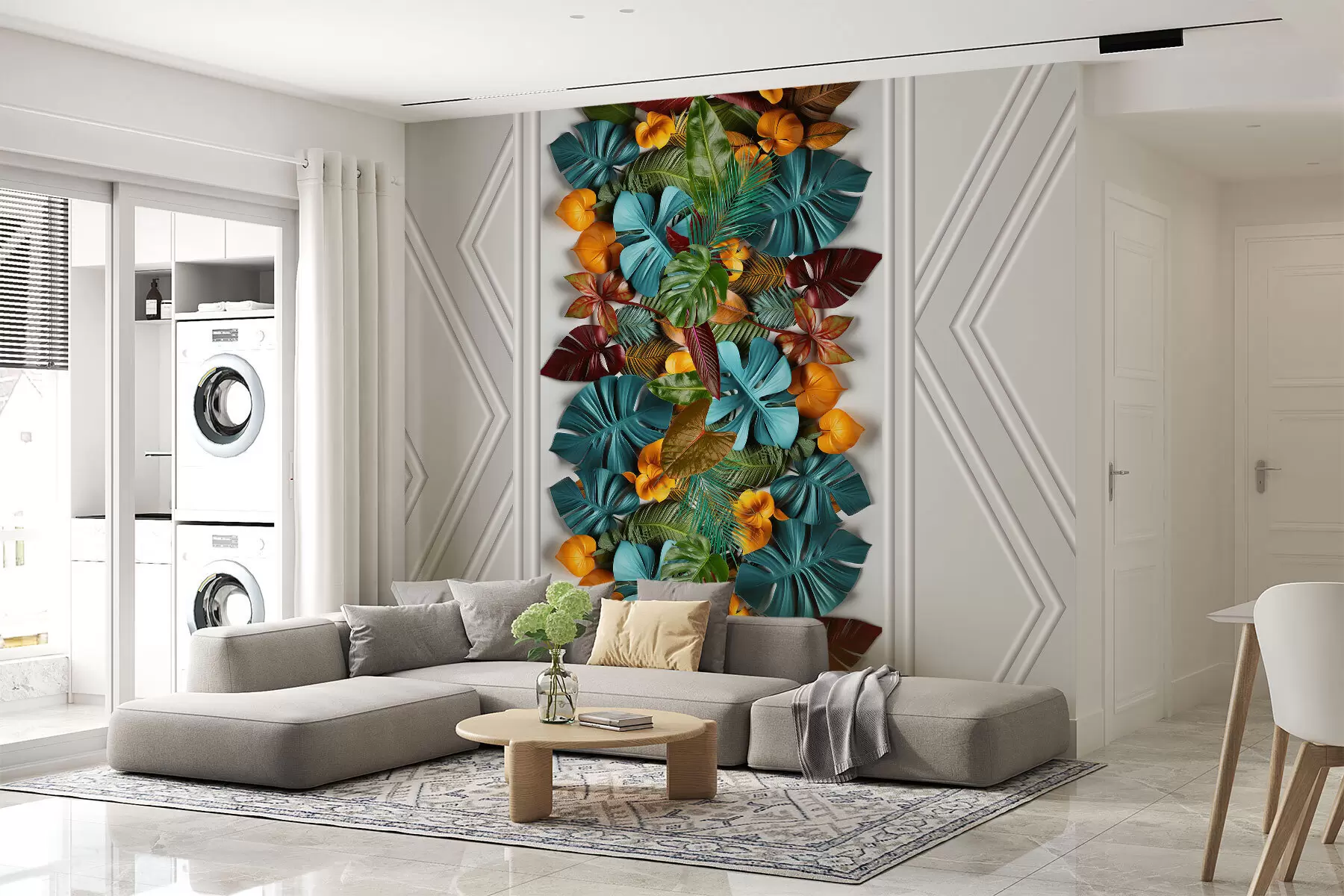 Valokuvatapetti 3D taustakuva värikkäitä trooppisia lehtiä ja geometriaa harmaalla pohjalla w01876