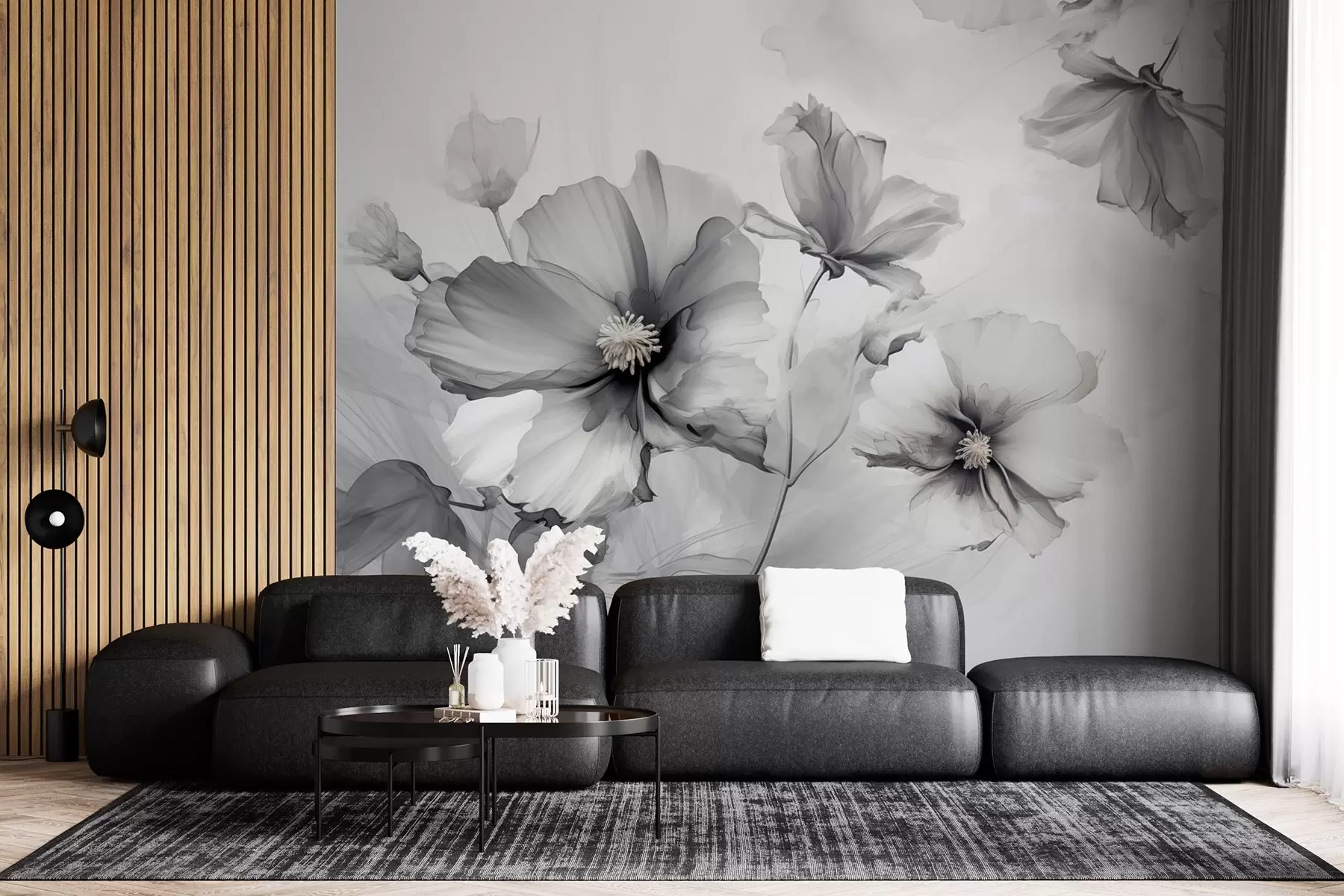 Valokuvatapetti Ilmavat, läpikuultavat harmaat kukat liukenevat aamun valossa w01938