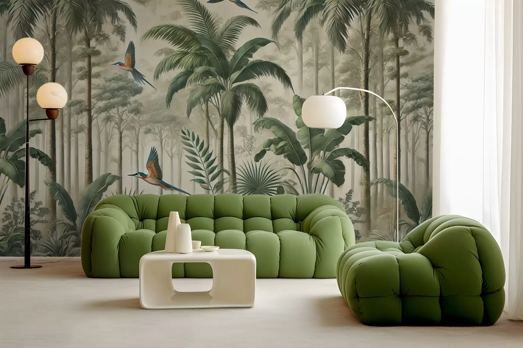 Valokuvatapetti Panoraama, jossa on trooppinen maisema ja lintuja w01957