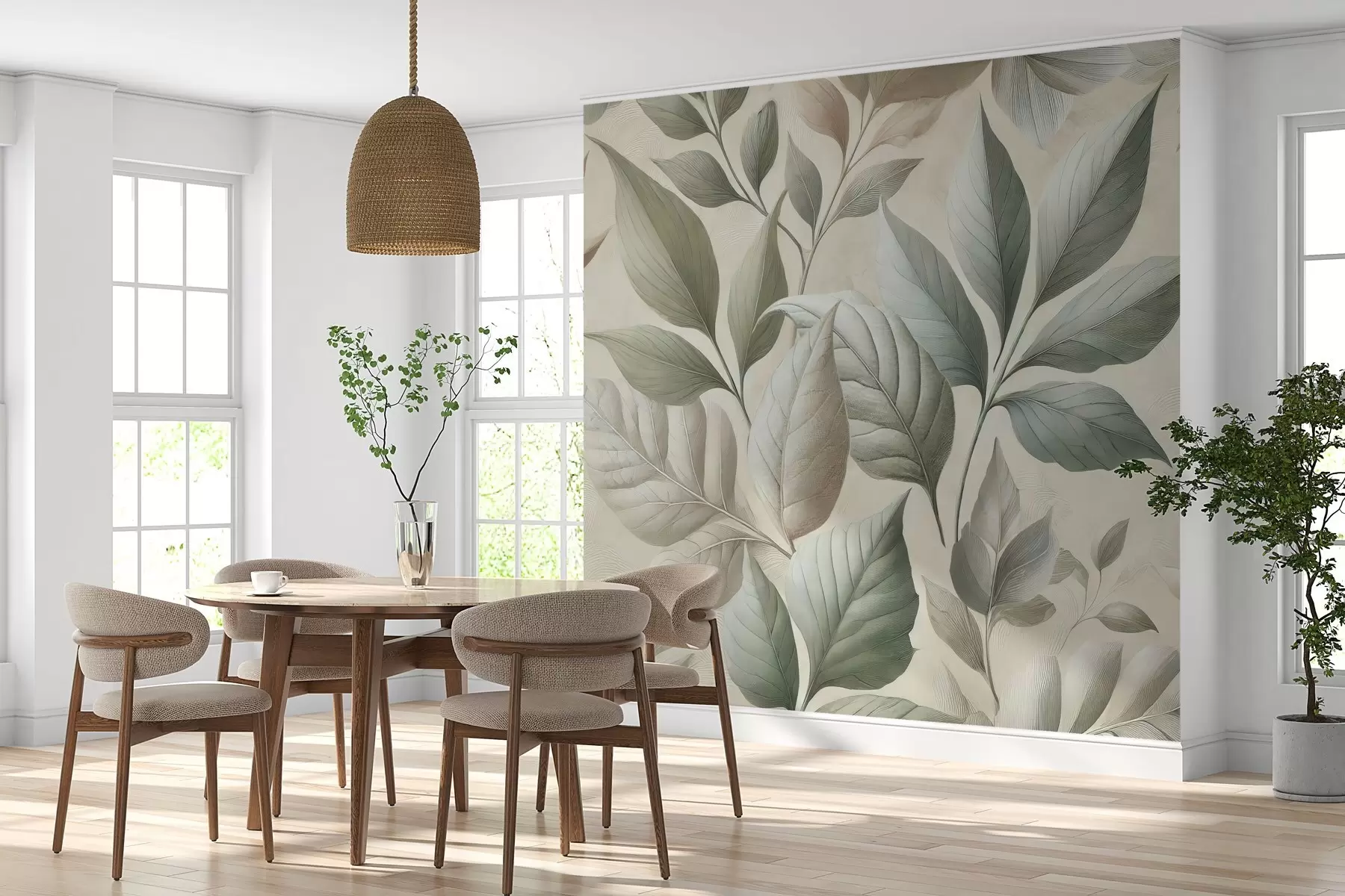 Valokuvatapetti Hieno kuvio, jossa on suuria lehtiä tyylikkäissä kerman ja beigen sävyissä w01959