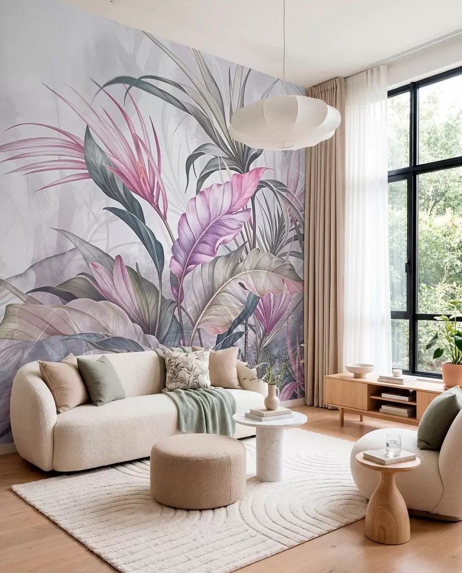Valokuvatapetti Trooppinen viidakko, jossa on suuret vihreät lehdet ja vaaleanpunaiset protea-kukat, joissa on sumea kuvioitu tausta w08375v1
