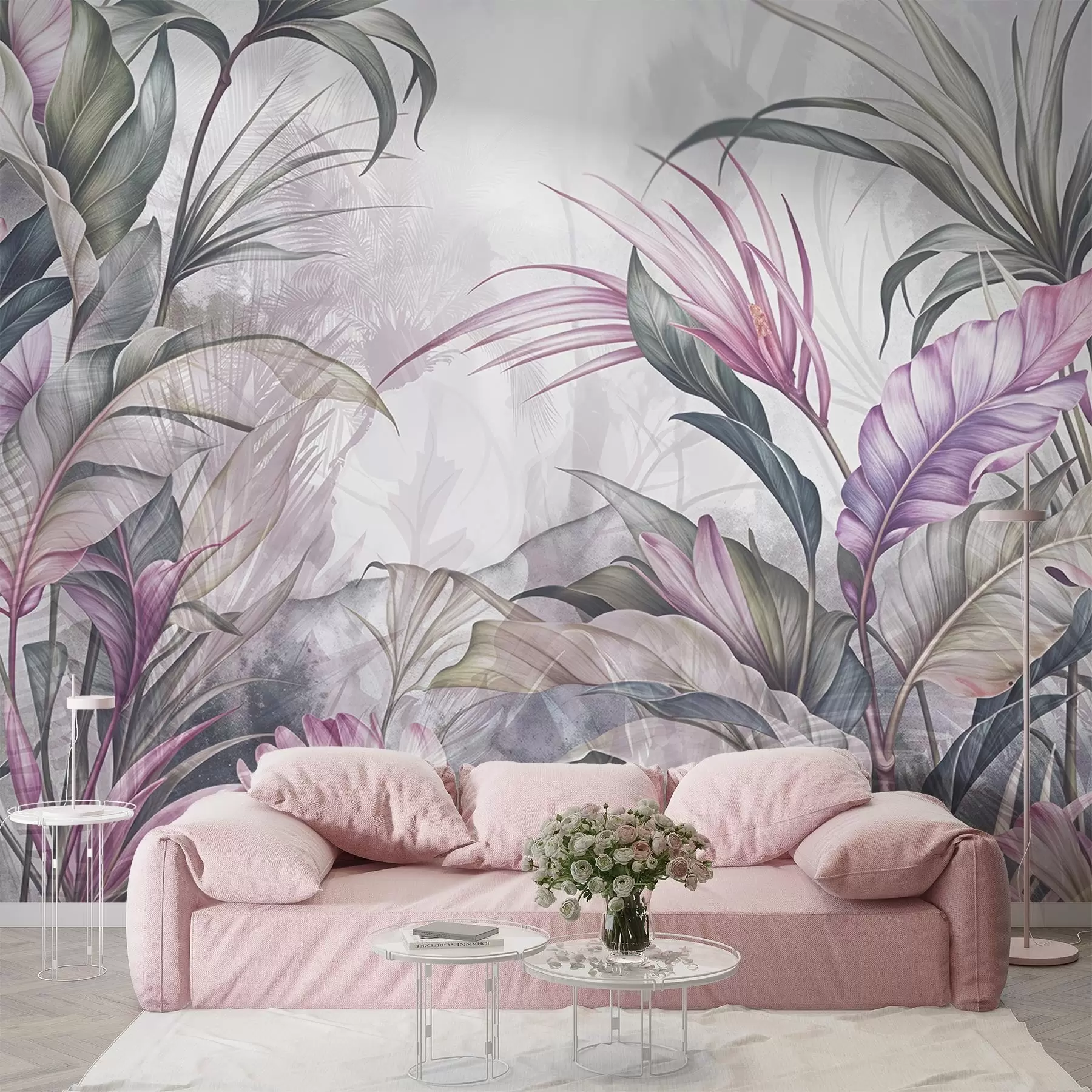 Valokuvatapetti Trooppinen viidakko, jossa on suuret vihreät lehdet ja vaaleanpunaiset protea-kukat, joissa on sumea kuvioitu tausta w08375v1