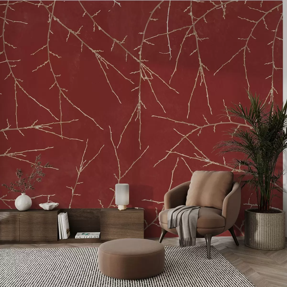 Valokuvatapetti Abstrakti oksat punaisella taustalla w00692v3