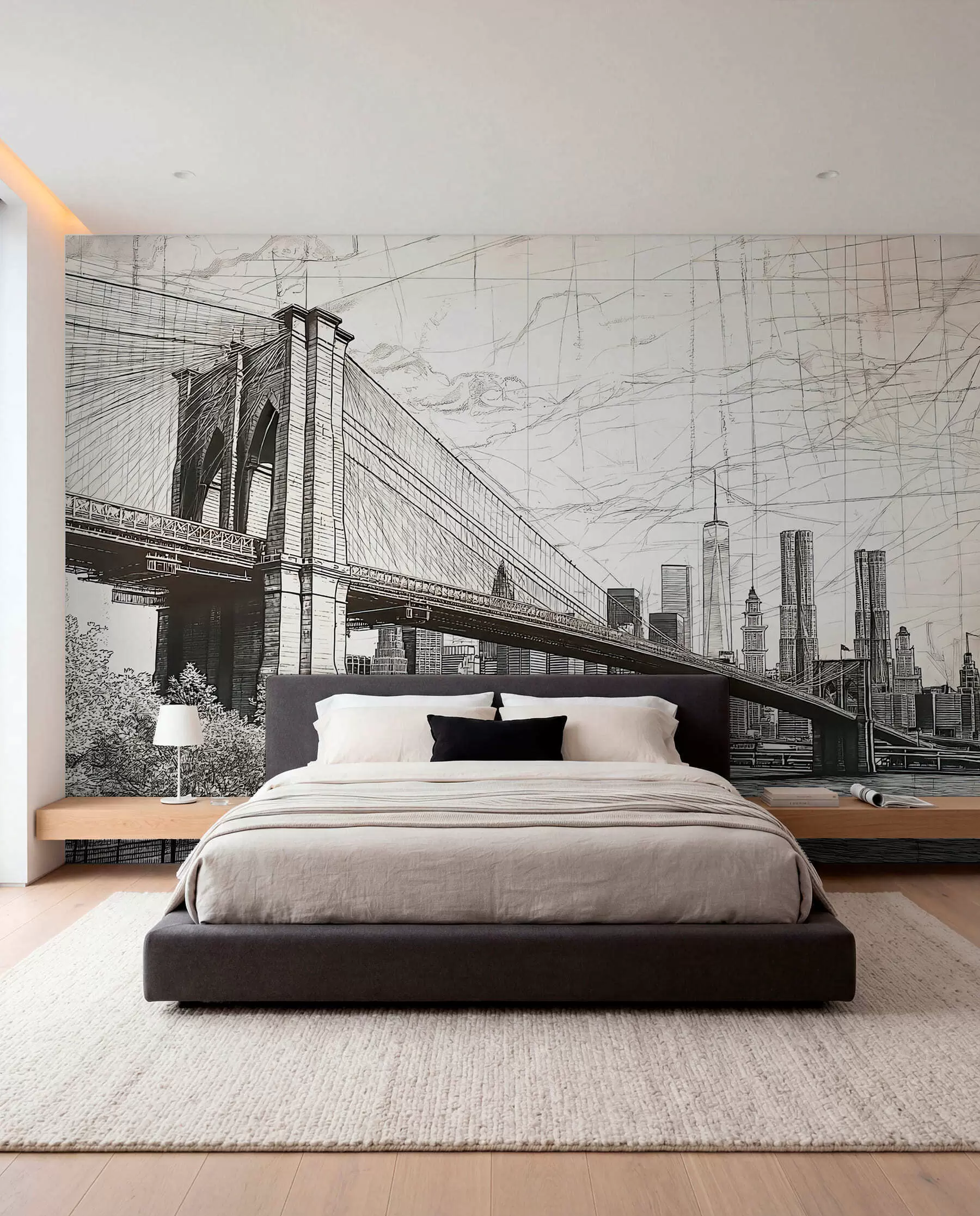 Valokuvatapetti Panorama Brooklyn Bridge tehty luonnosmaisella retro tekniikalla viivoilla ja naarmuilla w01961
