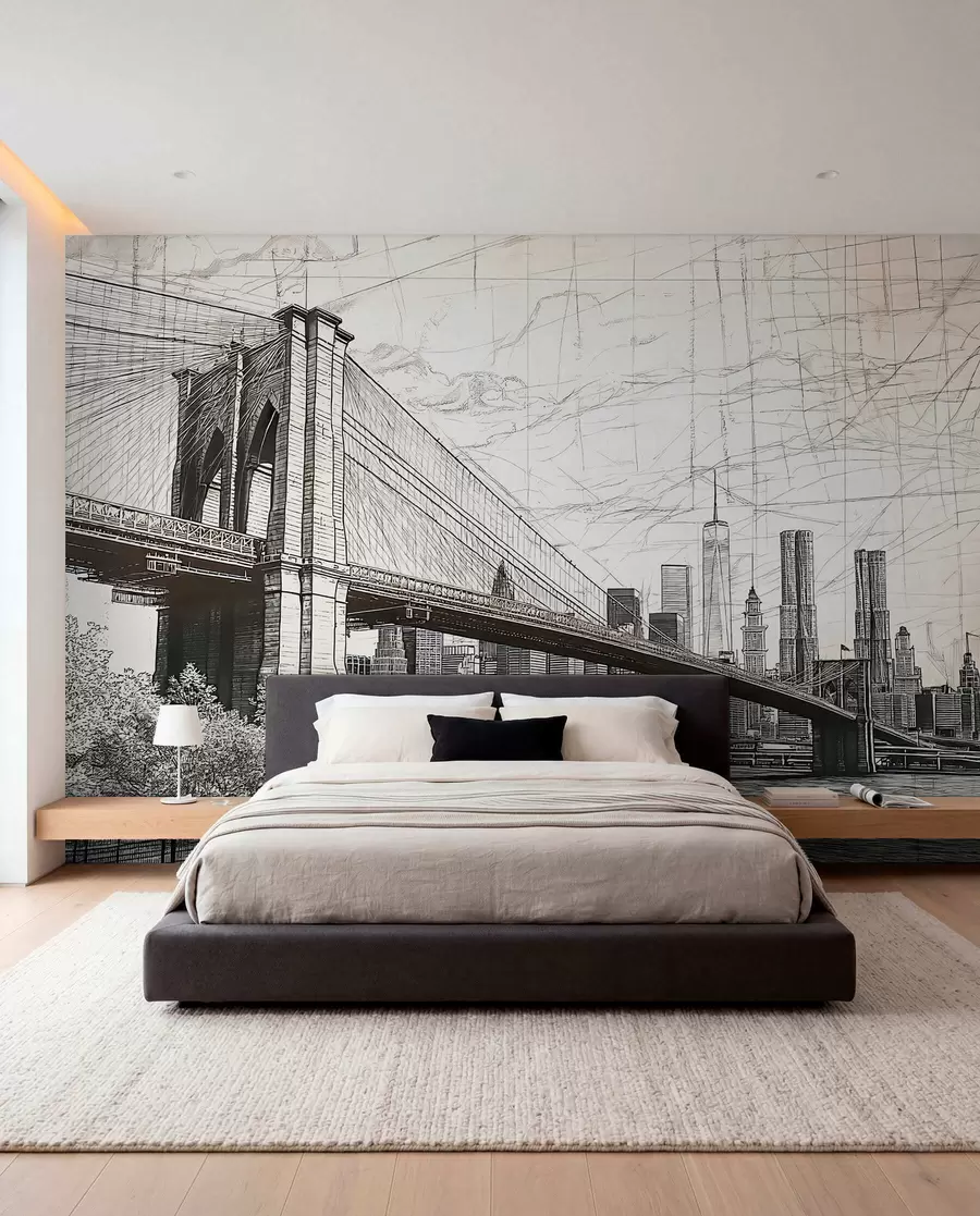 Valokuvatapetti Panorama Brooklyn Bridge tehty luonnosmaisella retro tekniikalla viivoilla ja naarmuilla w01961