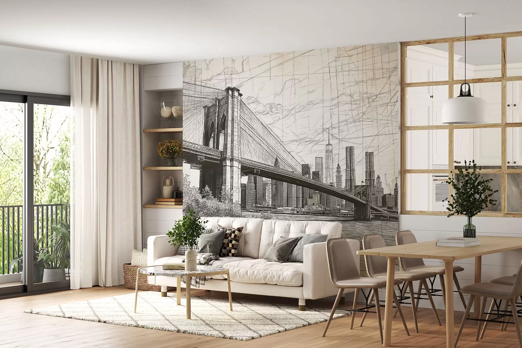 Valokuvatapetti Panorama Brooklyn Bridge tehty luonnosmaisella retro tekniikalla viivoilla ja naarmuilla w01961