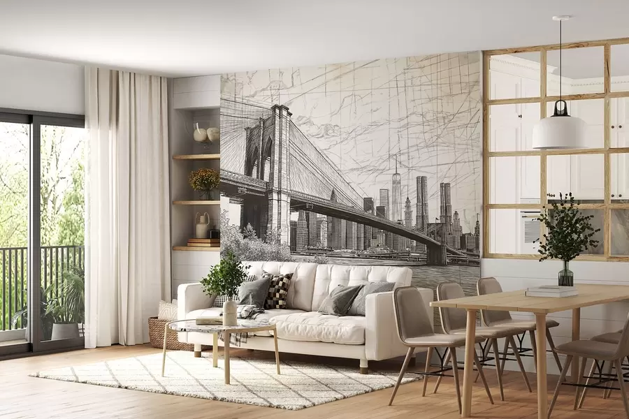 Valokuvatapetti Panorama Brooklyn Bridge tehty luonnosmaisella retro tekniikalla viivoilla ja naarmuilla w01961