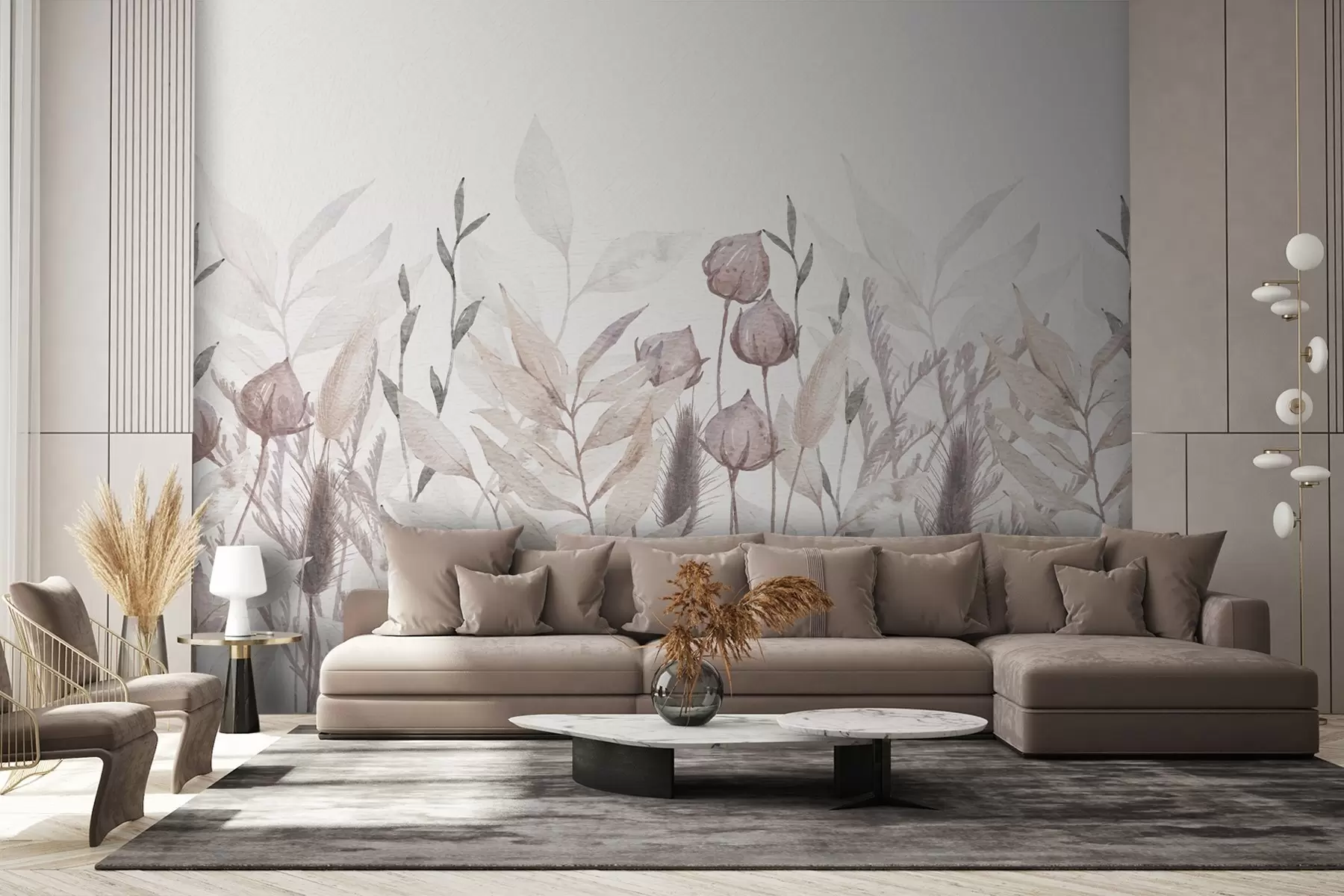 Valokuvatapetti terälehdet ja luonnonvaraiset kasvit beigen sävyisinä w02203