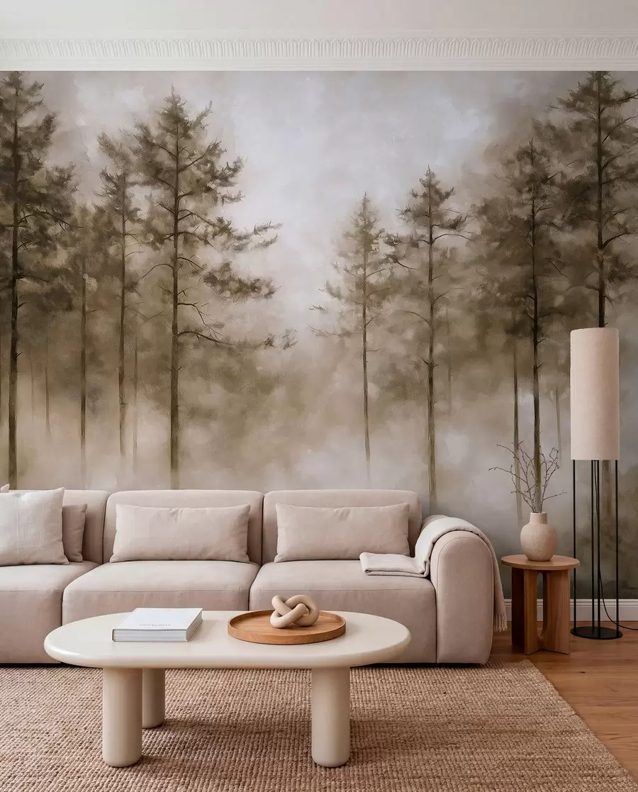 Valokuvatapetti Mystinen metsä, mäntyjä, sumu, akryylimaali, beige värit w02149v1