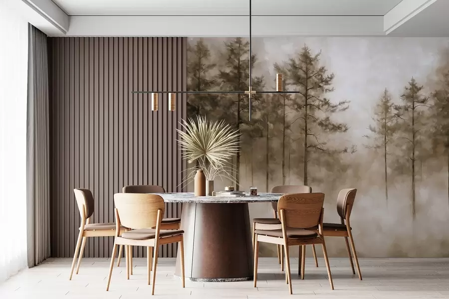 Valokuvatapetti Mystinen metsä, mäntyjä, sumu, akryylimaali, beige värit w02149v1
