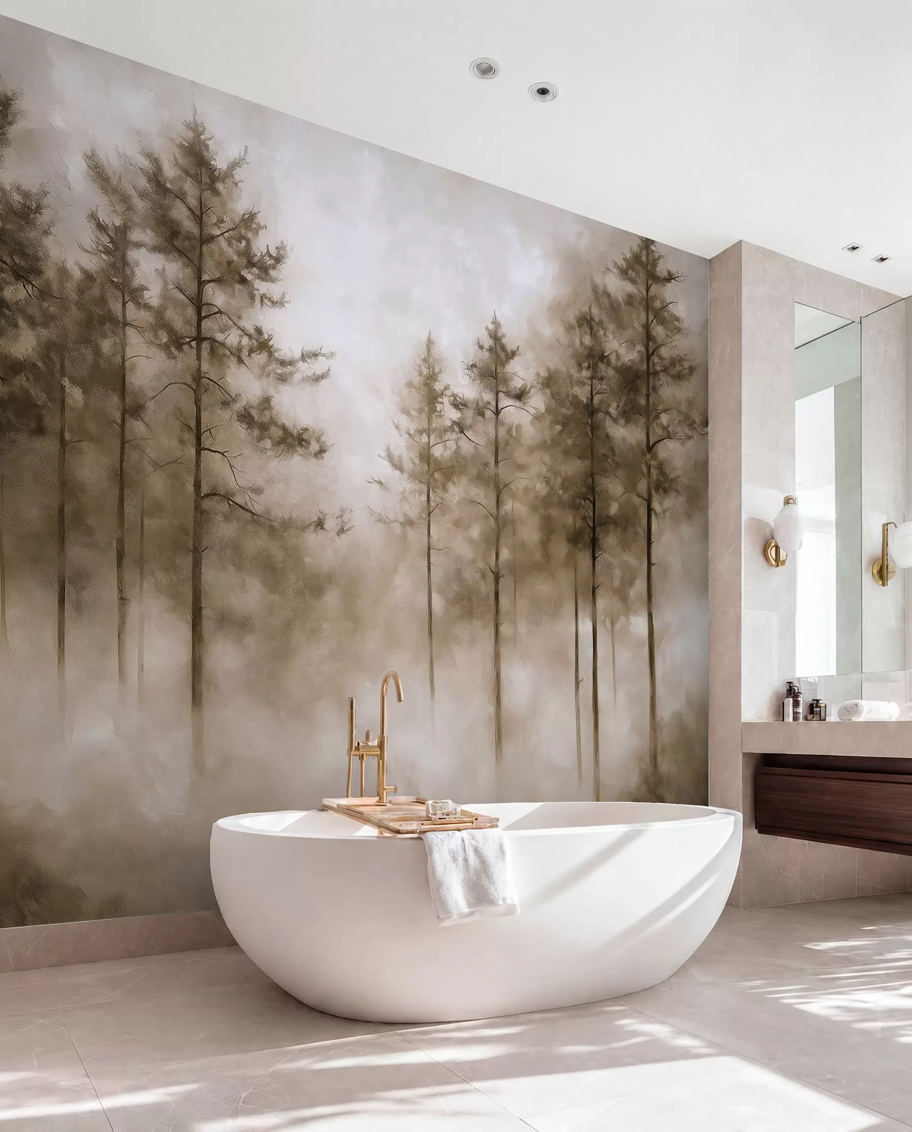 Valokuvatapetti Mystinen metsä, mäntyjä, sumu, akryylimaali, beige värit w02149v1
