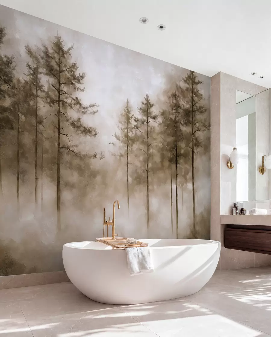 Valokuvatapetti Mystinen metsä, mäntyjä, sumu, akryylimaali, beige värit w02149v1