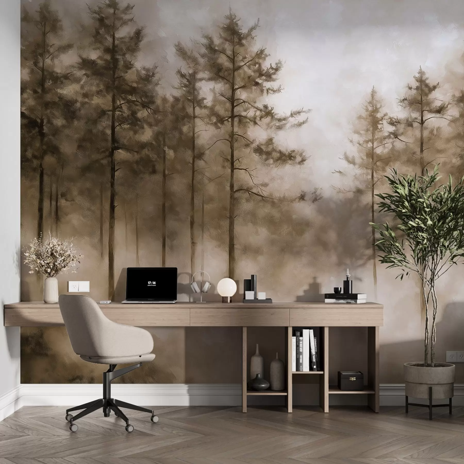 Valokuvatapetti Mystinen metsä, mäntyjä, sumu, akryylimaali, beige värit w02149v1