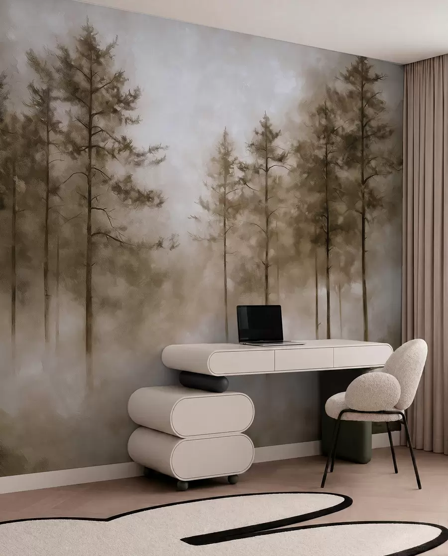 Valokuvatapetti Mystinen metsä, mäntyjä, sumu, akryylimaali, beige värit w02149v1