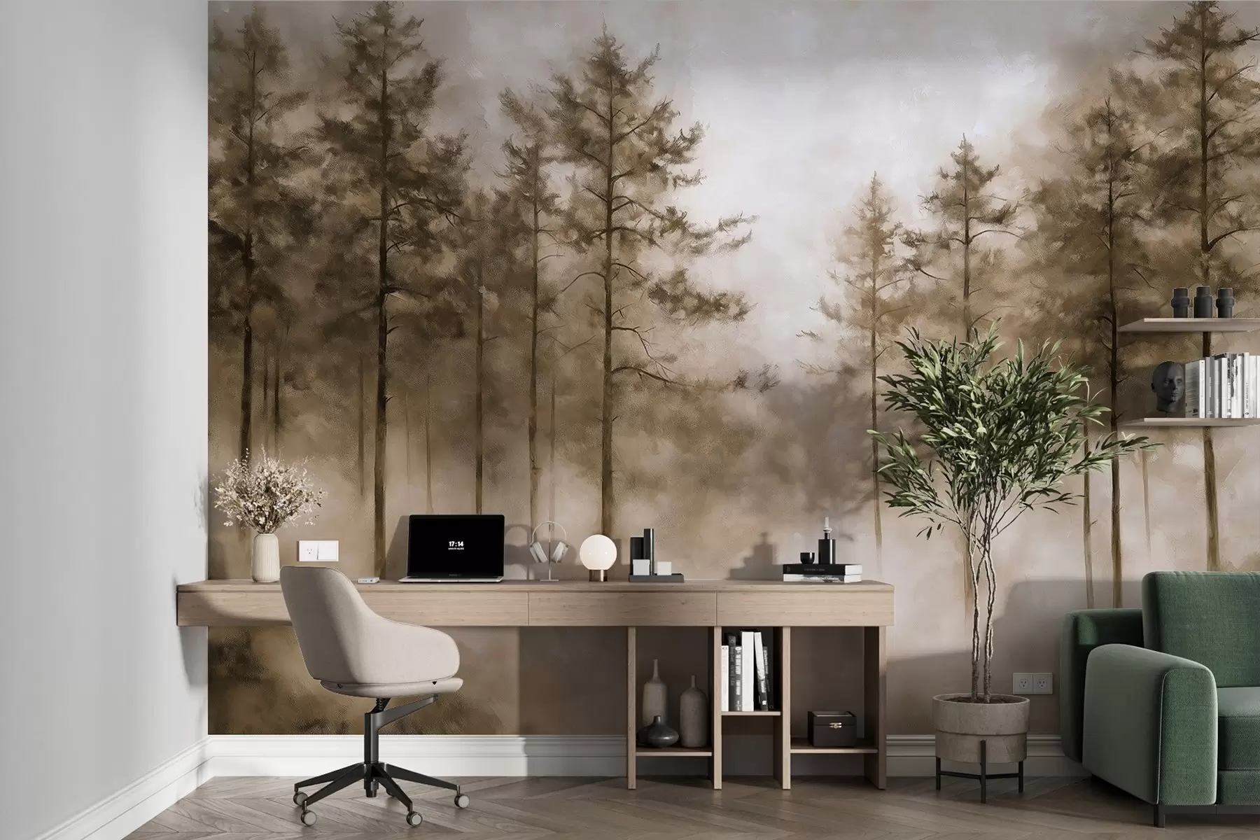 Valokuvatapetti Mystinen metsä, mäntyjä, sumu, akryylimaali, beige värit w02149v1