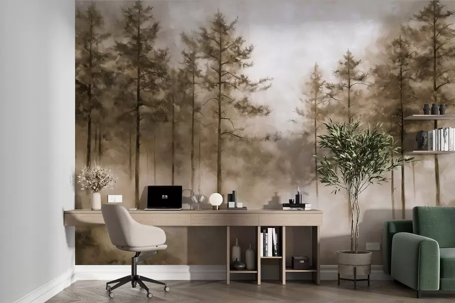 Valokuvatapetti Mystinen metsä, mäntyjä, sumu, akryylimaali, beige värit w02149v1