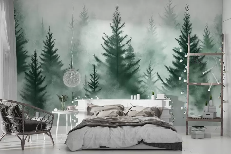 Valokuvatapetti Metsä sumussa, mäntyjä, akvarelli, vihreät värit w02152v1