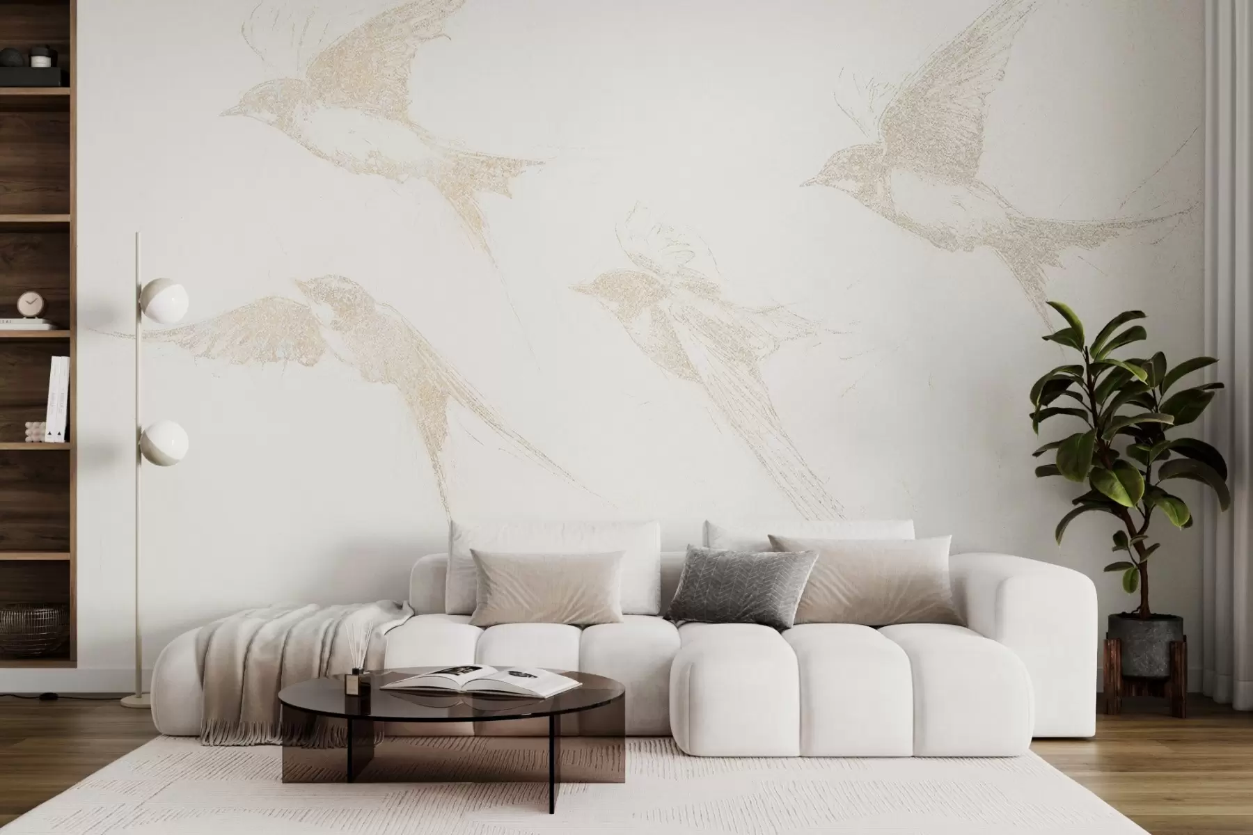 Valokuvatapetti Lentävät linnut, lyijykynäpiirustus, minimalismi, pehmeät beiget värit w02154