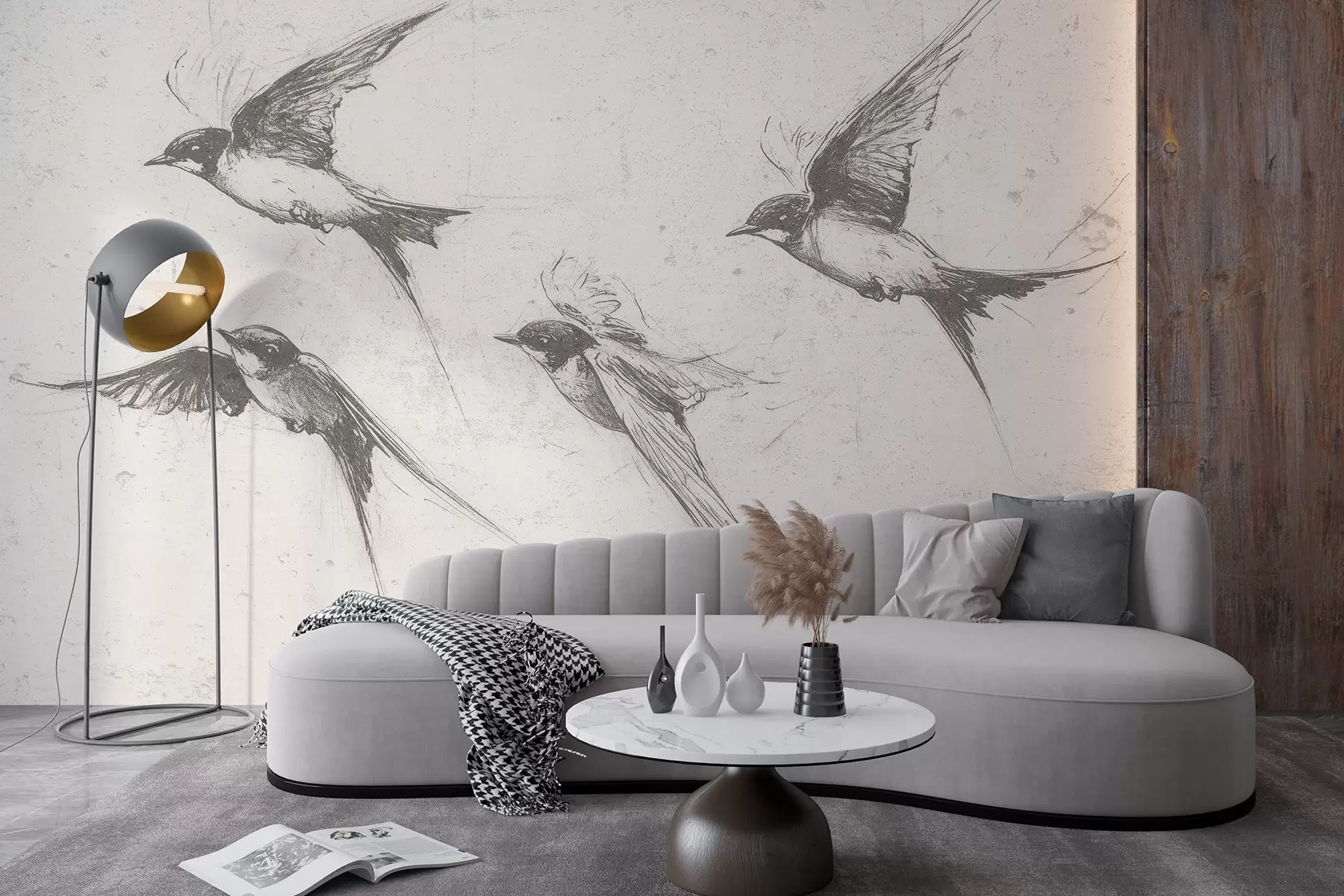 Valokuvatapetti Lentävät linnut, tussipiirustus, minimalismi, harmaat värit w02155