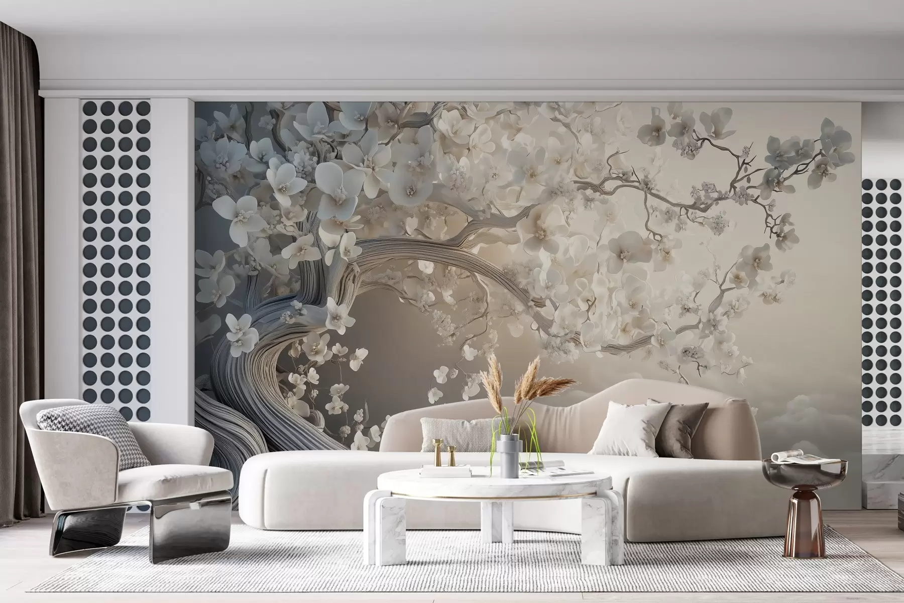 Valokuvatapetti Viehättävä puu, jossa on valkoisia kukkia pilvien taustalla mielenkiintoiseen tyyliin herkillä lämpimillä väreillä w02133