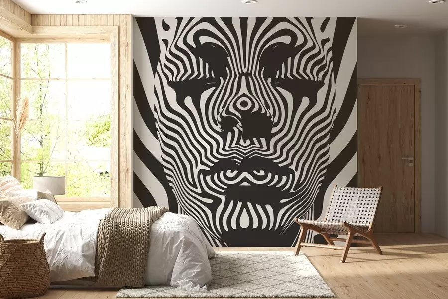 Valokuvatapetti Op art -tyylinen säleikkö, jossa on abstraktit kasvot, aaltoilevat viivat vaalealla taustalla w02285