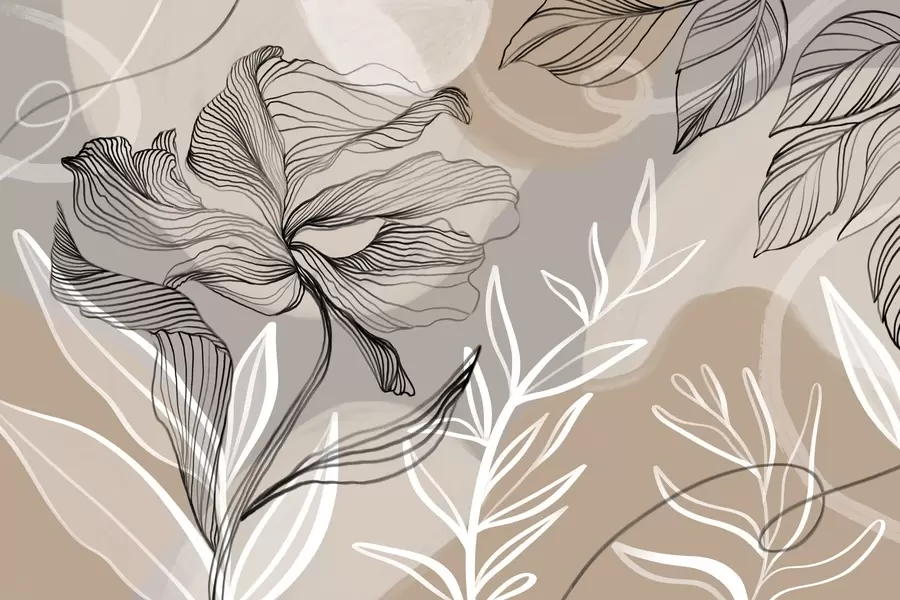 Valokuvatapetti Tyylikäs kukkapainatus, jossa on suuria abstrakteja viivakukkia ja lehtiä harmaan ja beigen sävyissä vaalealla pohjalla w08413