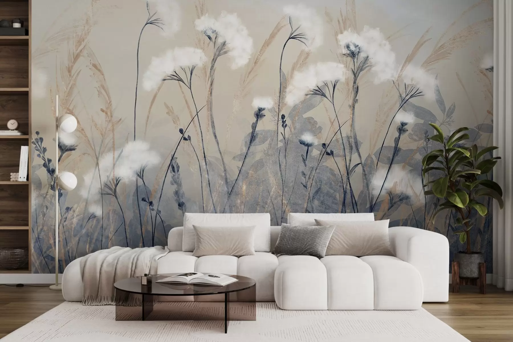 Valokuvatapetti Pörröinen valkoinen puuvillaruoho hämärtynyttä taustaa vasten, jossa on pehmeä, sumuinen ja seesteinen tunnelma w08416