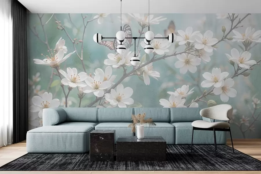 Valokuvatapetti Valkoinen perhonen oksalla, jonka etualalla on hentoja valkoisia kirsikankukkia sumeaa taustaa vasten w08421