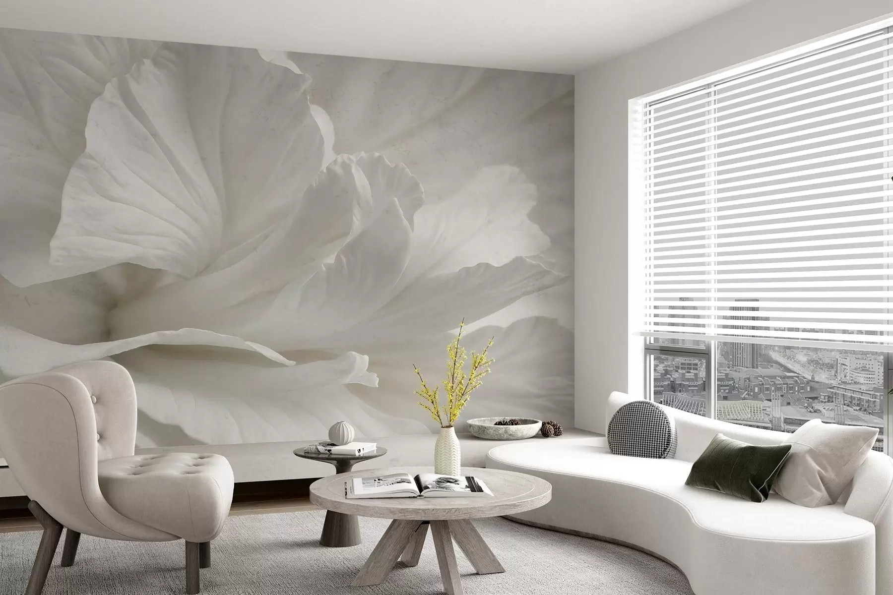 Valokuvatapetti Abstrakti minimalistinen tuloste herkästä valkoisesta kukasta, jossa on pehmeät, samettiset terälehdet w08424