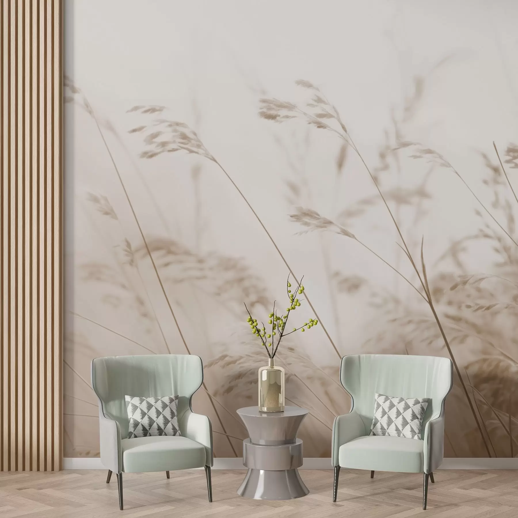 Valokuvatapetti Pellon ruohot sumuisessa aamunkoitteessa w02250