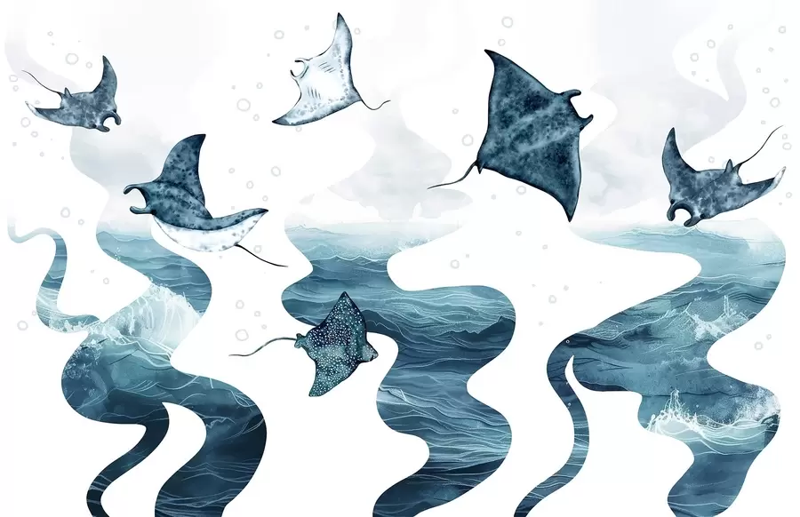 Valokuvatapetti Manta ray kala, vesivärityyli, meri, valtameri, siniset värit w02266