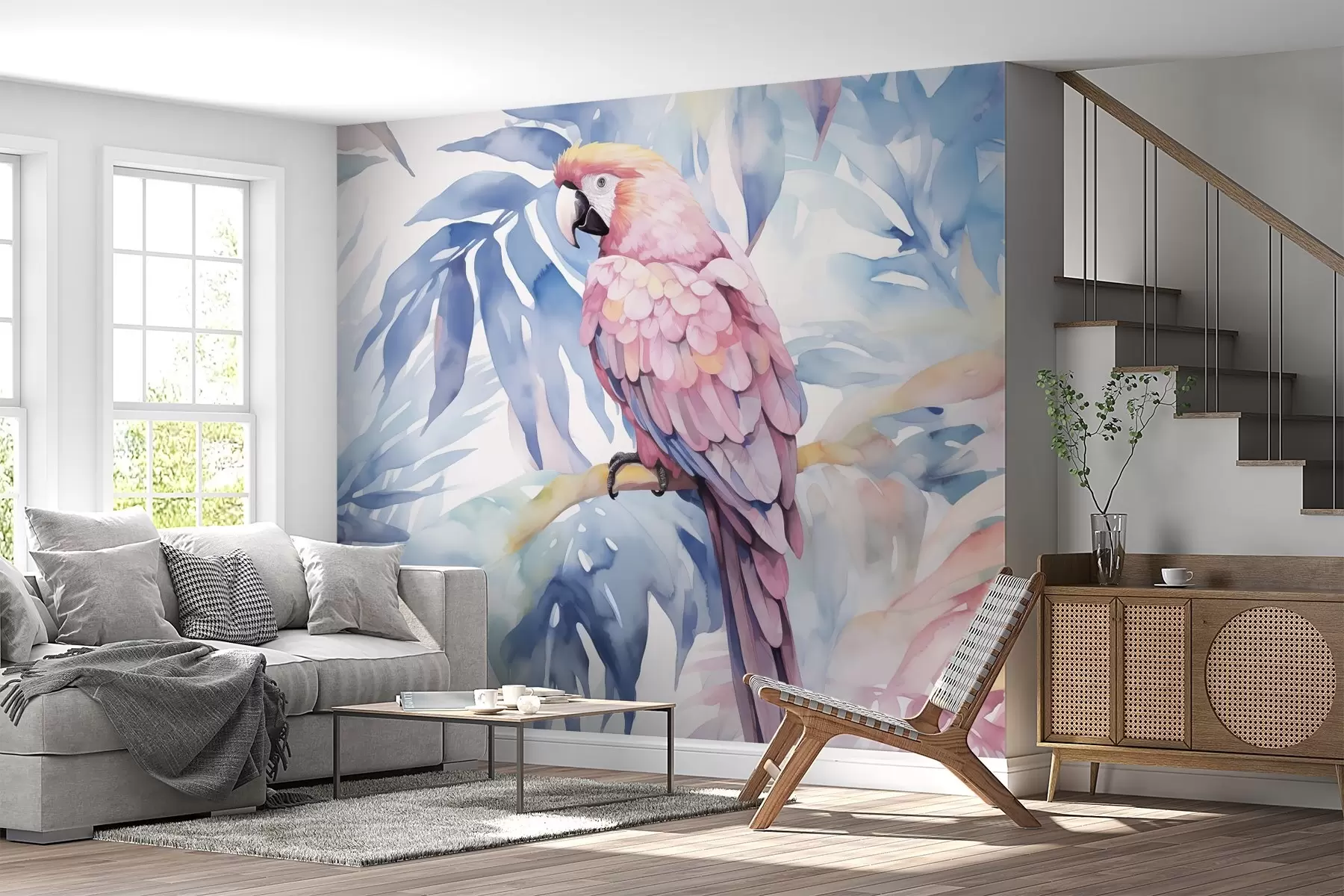 Valokuvatapetti Vaaleanpunainen papukaija istuu oksalla jäljitelmä maalaus w02330