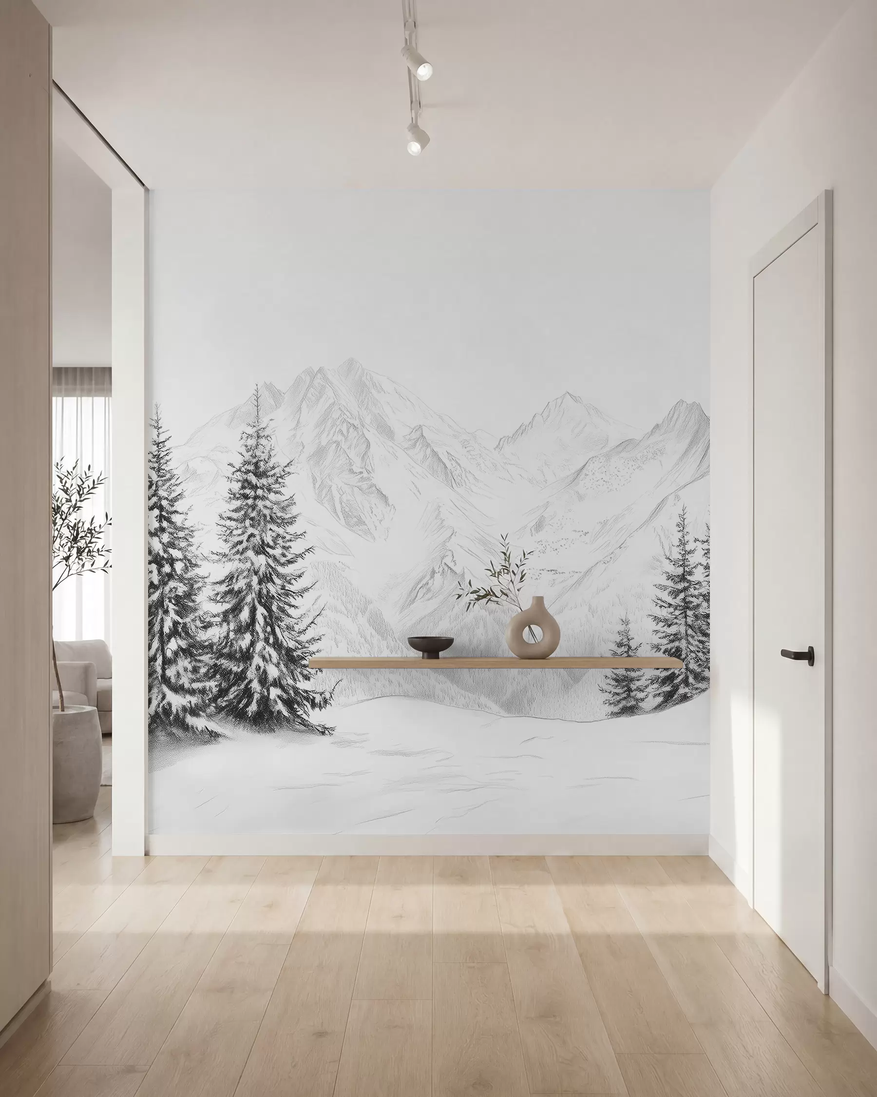 Valokuvatapetti Lumiset vuoret, lyijykynätyylipiirustus, minimalismi, metsä, luonto w02351