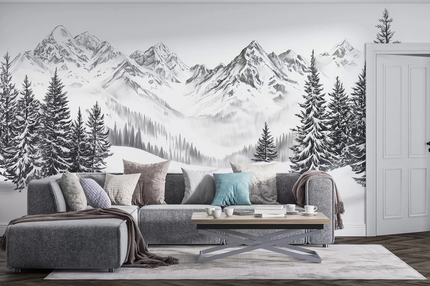 Valokuvatapetti Alppivuoret lumessa, lyijykynä tyyli, minimalismi w02352